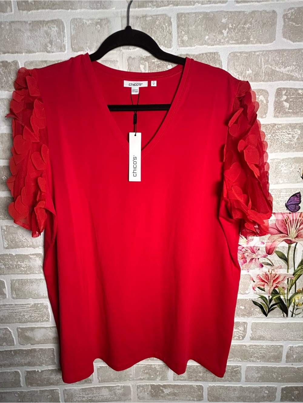 Chico's Bright Red V-Neck Top with Floral Ruffle Sleeves